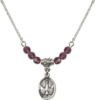 18" Rhodium Plated Necklace with 4mm Amethyst Crystal Beads featuring a Sterling Silver Holy Spirit Medal.