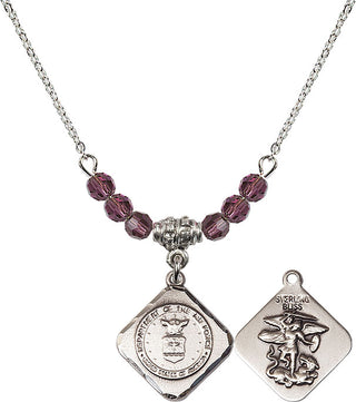 18" Rhodium Plated Necklace with 4mm Amethyst Crystal Beads featuring a Sterling Silver Air Force Diamond Medal.