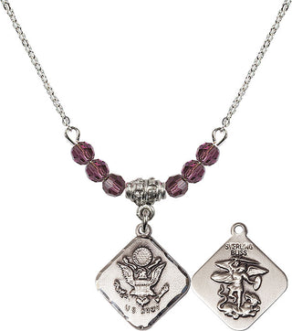 18" Rhodium Plated Necklace with 4mm Amethyst Crystal Beads featuring a Sterling Silver Army Diamond Medal.
