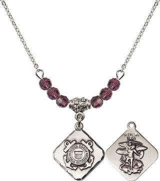 18" Rhodium Plated Necklace with 4mm Amethyst Crystal Beads featuring a Sterling Silver Coast Guard Diamond Medal.