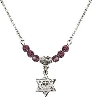 18" Rhodium Plated Necklace with 4mm Amethyst Crystal Beads featuring a Sterling Silver Star of David with Cross Medal.