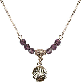 18" Hamilton Gold Plated Necklace with 4mm Amethyst Crystal Beads featuring a 14kt Gold Filled Shell Medal.