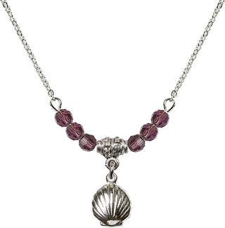 18" Rhodium Plated Necklace with 4mm Amethyst Crystal Beads featuring a Sterling Silver Shell Medal.