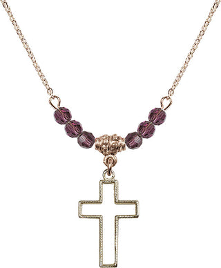 18" Hamilton Gold Plated Necklace with 4mm Amethyst Crystal Beads featuring a 14kt Gold Filled Cross Medal.