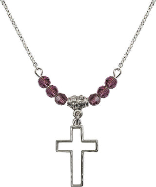 18" Rhodium Plated Necklace with 4mm Amethyst Crystal Beads featuring a Sterling Silver Cross Medal.