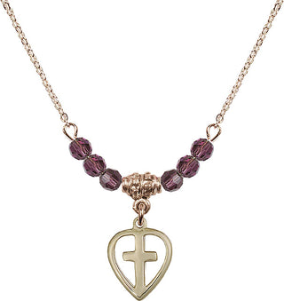 18" Hamilton Gold Plated Necklace with 4mm Amethyst Crystal Beads featuring a 14kt Gold Filled Heart / Cross Medal.