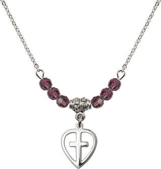 18" Rhodium Plated Necklace with 4mm Amethyst Crystal Beads featuring a Sterling Silver Heart / Cross Medal.