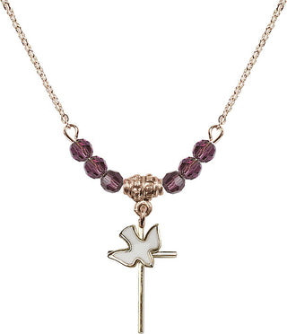 18" Hamilton Gold Plated Necklace with 4mm Amethyst Crystal Beads featuring a 14kt Gold Filled Cross / Holy Spirit Medal.