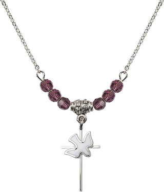 18" Rhodium Plated Necklace with 4mm Amethyst Crystal Beads featuring a Sterling Silver Cross / Holy Spirit Medal.