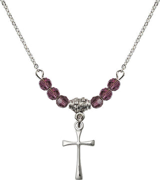 18" Rhodium Plated Necklace with 4mm Amethyst Crystal Beads featuring a Sterling Silver Maltese Cross Medal.