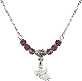 18" Rhodium Plated Necklace with 4mm Amethyst Crystal Beads featuring a Sterling Silver Guardian Angel Medal.