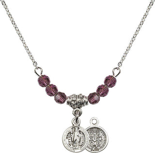 18" Rhodium Plated Necklace with 4mm Amethyst Crystal Beads featuring a Sterling Silver Saint Benedict Medal.