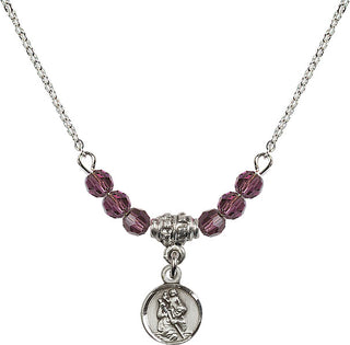18" Rhodium Plated Necklace with 4mm Amethyst Crystal Beads featuring a Sterling Silver Saint Christopher Medal.