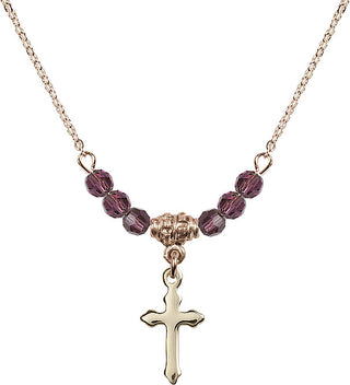 18" Hamilton Gold Plated Necklace with 4mm Amethyst Crystal Beads featuring a 14kt Gold Filled Cross Medal.