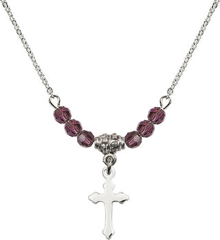 18" Rhodium Plated Necklace with 4mm Amethyst Crystal Beads featuring a Sterling Silver Cross Medal.