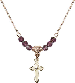 18" Hamilton Gold Plated Necklace with 4mm Amethyst Crystal Beads featuring a 14kt Gold Filled Cross Medal.
