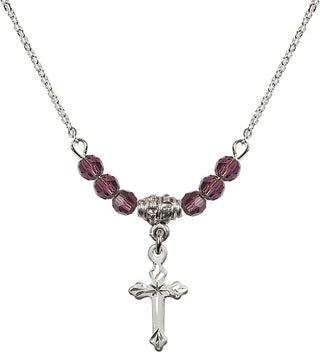 18" Rhodium Plated Necklace with 4mm Amethyst Crystal Beads featuring a Sterling Silver Cross Medal.