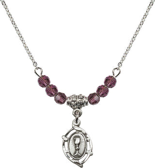 18" Rhodium Plated Necklace with 4mm Amethyst Crystal Beads featuring a Sterling Silver Communion Medal.