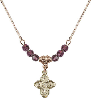 18" Hamilton Gold Plated Necklace with 4mm Amethyst Crystal Beads featuring a 14kt Gold Filled 4-Way Medal.