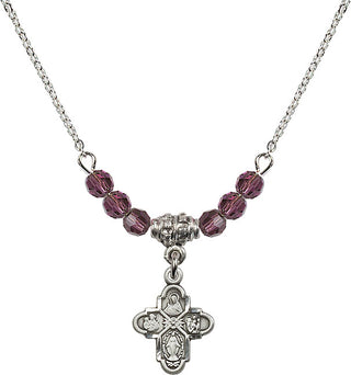 18" Rhodium Plated Necklace with 4mm Amethyst Crystal Beads featuring a Sterling Silver 4-Way Medal.