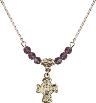 18" Hamilton Gold Plated Necklace with 4mm Amethyst Crystal Beads featuring a 14kt Gold Filled 5-Way Medal.