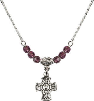 18" Rhodium Plated Necklace with 4mm Amethyst Crystal Beads featuring a Sterling Silver 5-Way Medal.