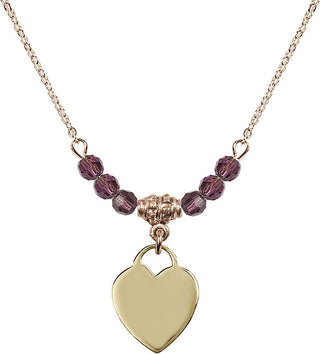 18" Hamilton Gold Plated Necklace with 4mm Amethyst Crystal Beads featuring a 14kt Gold Filled Heart Medal. Engraved Catholic Saint Jewelry