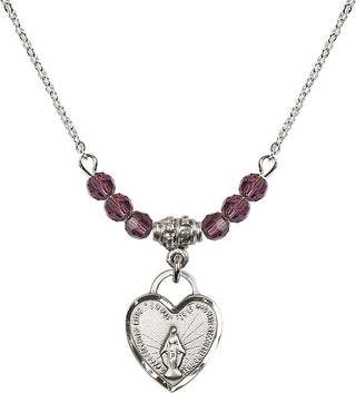 18" Rhodium Plated Necklace with 4mm Amethyst Crystal Beads featuring a Sterling Silver Miraculous Heart Medal. Engraved Catholic Saint Jewelry
