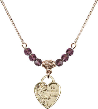 18" Hamilton Gold Plated Necklace with 4mm Amethyst Crystal Beads featuring a 14kt Gold Filled Guardian Angel Heart Medal. Engraved Catholic Saint Jewelry