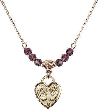 18" Hamilton Gold Plated Necklace with 4mm Amethyst Crystal Beads featuring a 14kt Gold Filled Confirmation Heart Medal. Engraved Catholic Saint Jewelry