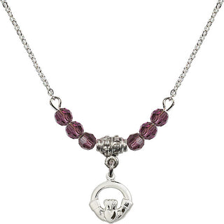 18" Rhodium Plated Necklace with 4mm Amethyst Crystal Beads featuring a Sterling Silver Claddagh Medal.