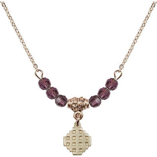 18" Hamilton Gold Plated Necklace with 4mm Amethyst Crystal Beads featuring a 14kt Gold Filled Jerusalem Cross Medal.
