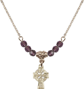 18" Hamilton Gold Plated Necklace with 4mm Amethyst Crystal Beads featuring a 14kt Gold Filled Celtic Cross Medal.