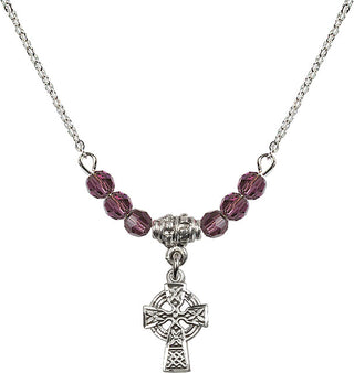 18" Rhodium Plated Necklace with 4mm Amethyst Crystal Beads featuring a Sterling Silver Celtic Cross Medal.
