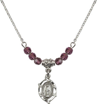 18" Rhodium Plated Necklace with 4mm Amethyst Crystal Beads featuring a Sterling Silver Miraculous Medal.