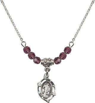 18" Rhodium Plated Necklace with 4mm Amethyst Crystal Beads featuring a Sterling Silver Guardian Angel Medal.
