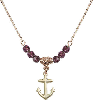 18" Hamilton Gold Plated Necklace with 4mm Amethyst Crystal Beads featuring a 14kt Gold Filled Anchor Medal.