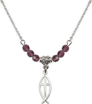 18" Rhodium Plated Necklace with 4mm Amethyst Crystal Beads featuring a Sterling Silver Fish / Cross Medal.