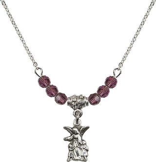 18" Rhodium Plated Necklace with 4mm Amethyst Crystal Beads featuring a Sterling Silver Guardian Angel Medal.