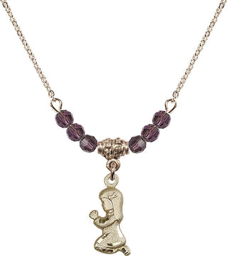 18" Hamilton Gold Plated Necklace with 4mm Amethyst Crystal Beads featuring a 14kt Gold Filled Praying Girl Medal.