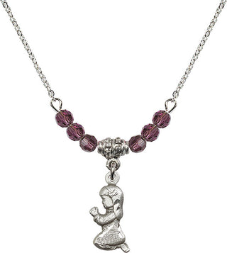 18" Rhodium Plated Necklace with 4mm Amethyst Crystal Beads featuring a Sterling Silver Praying Girl Medal.