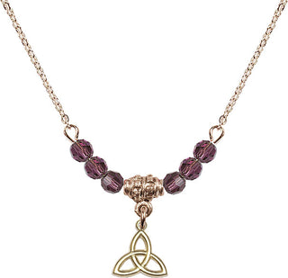 18" Hamilton Gold Plated Necklace with 4mm Amethyst Crystal Beads featuring a 14kt Gold Filled Trinity Irish Knot Medal.