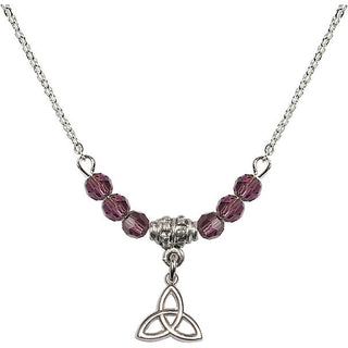 18" Rhodium Plated Necklace with 4mm Amethyst Crystal Beads featuring a Sterling Silver Trinity Irish Knot Medal.