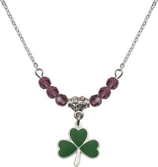 18" Rhodium Plated Necklace with 4mm Amethyst Crystal Beads featuring a Sterling Silver Shamrock Medal.