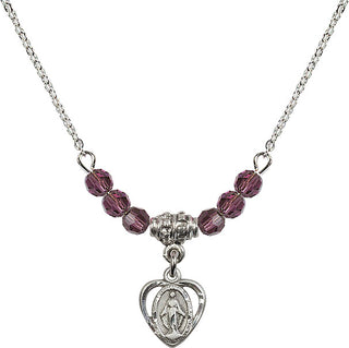 18" Rhodium Plated Necklace with 4mm Amethyst Crystal Beads featuring a Sterling Silver Miraculous Medal.