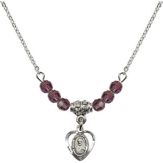18" Rhodium Plated Necklace with 4mm Amethyst Crystal Beads featuring a Sterling Silver Scapular Medal.