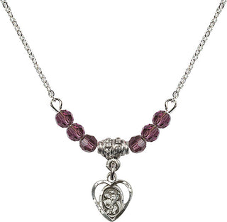 18" Rhodium Plated Necklace with 4mm Amethyst Crystal Beads featuring a Sterling Silver Saint Christopher Medal. Engraved Catholic Saint Jewelry