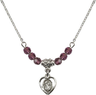 18" Rhodium Plated Necklace with 4mm Amethyst Crystal Beads featuring a Sterling Silver Saint Ann Medal. Engraved Catholic Saint Jewelry