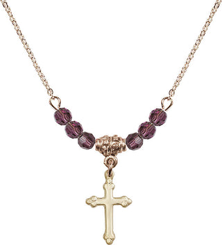 18" Hamilton Gold Plated Necklace with 4mm Amethyst Crystal Beads featuring a 14kt Gold Filled Cross Medal.