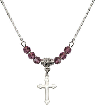 18" Rhodium Plated Necklace with 4mm Amethyst Crystal Beads featuring a Sterling Silver Cross Medal.